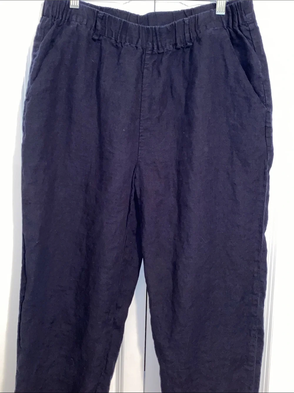 Quince Deep Navy Flax Linen Elastic-Waist Casual Cropped Trousers Size L